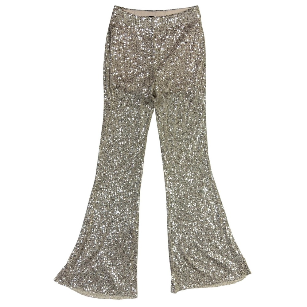 Forever 21 Sequin Flare Pants Women's S Champagne High Rise Disco Party Glam New